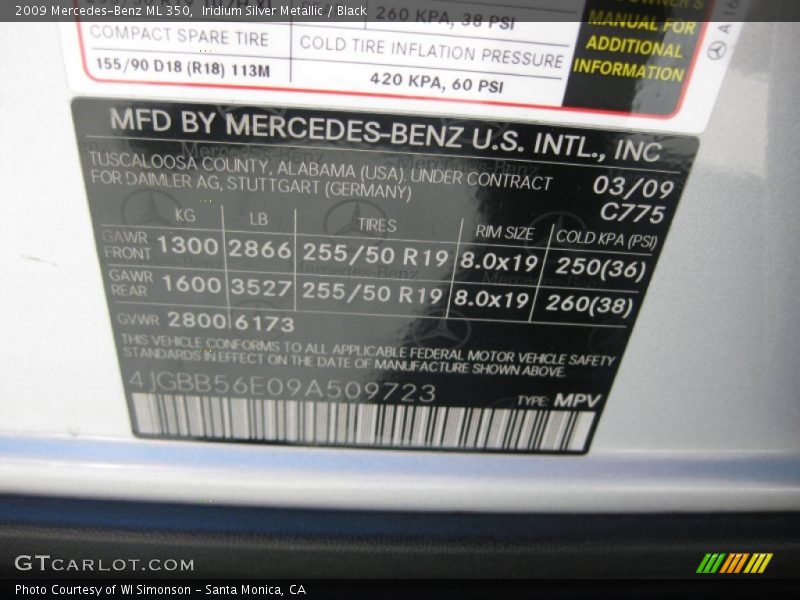 Iridium Silver Metallic / Black 2009 Mercedes-Benz ML 350