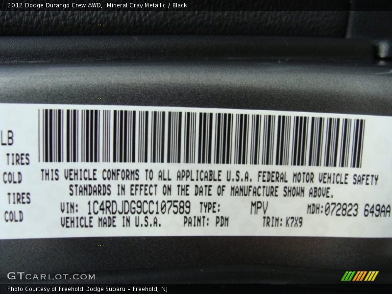 Mineral Gray Metallic / Black 2012 Dodge Durango Crew AWD