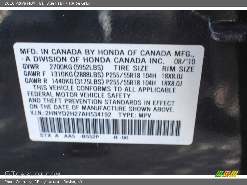 Bali Blue Pearl / Taupe Gray 2010 Acura MDX