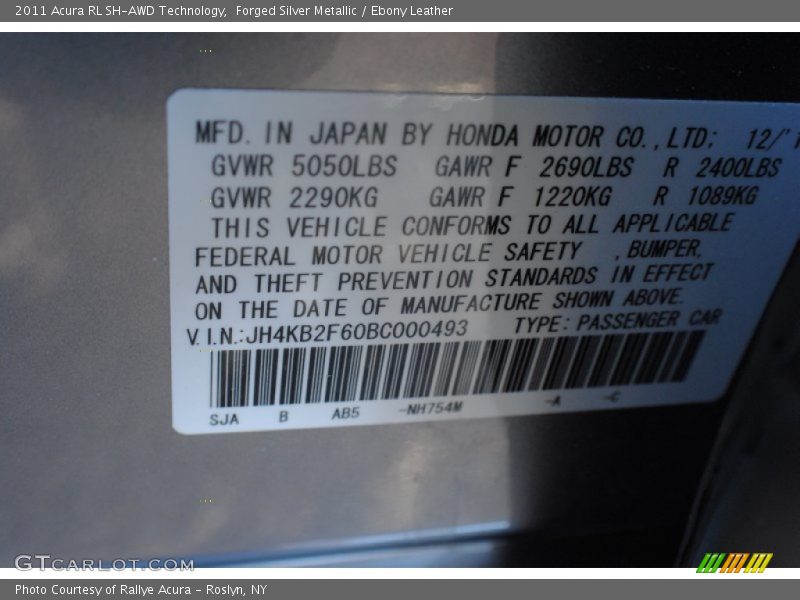 2011 RL SH-AWD Technology Forged Silver Metallic Color Code NH754M