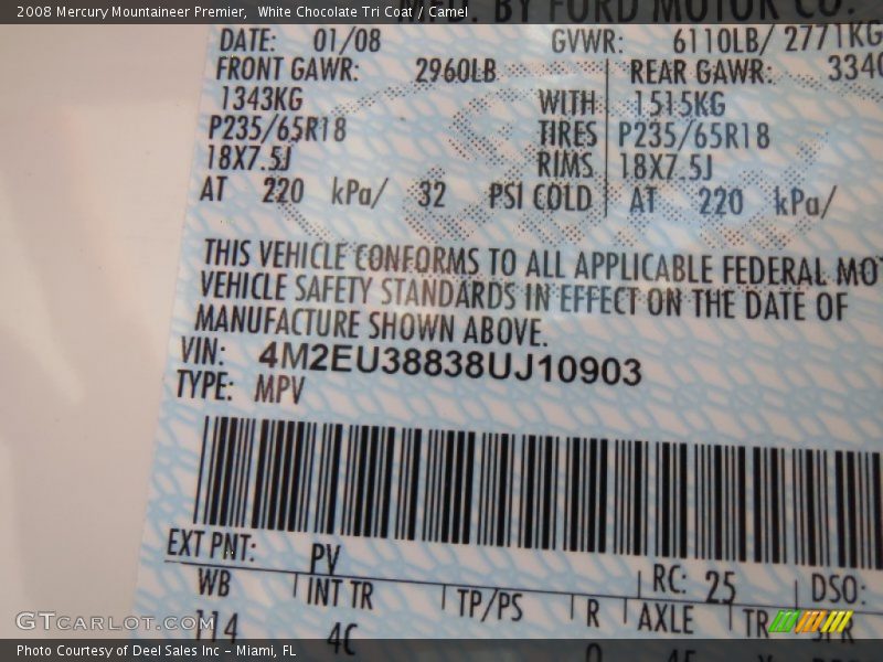 2008 Mountaineer Premier White Chocolate Tri Coat Color Code PV