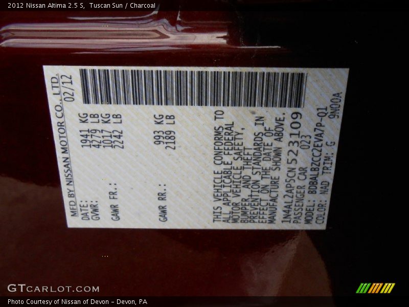 Tuscan Sun / Charcoal 2012 Nissan Altima 2.5 S