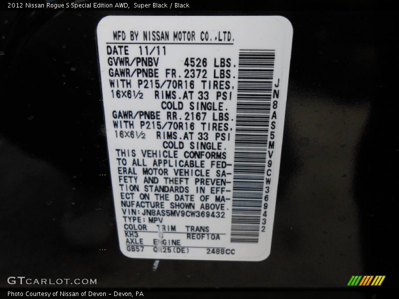 Super Black / Black 2012 Nissan Rogue S Special Edition AWD