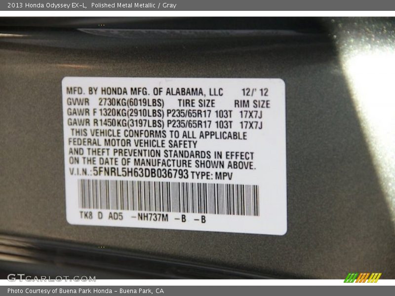 Polished Metal Metallic / Gray 2013 Honda Odyssey EX-L