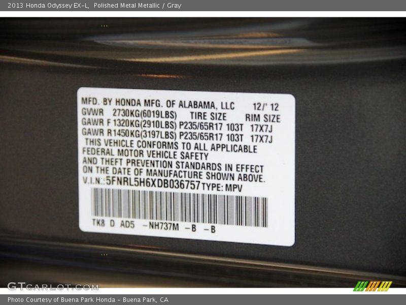 Polished Metal Metallic / Gray 2013 Honda Odyssey EX-L