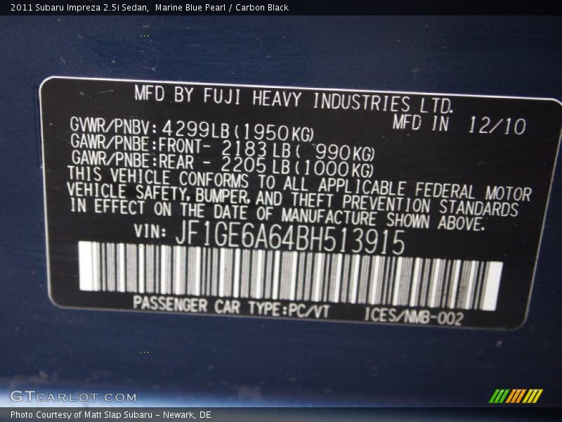 Marine Blue Pearl / Carbon Black 2011 Subaru Impreza 2.5i Sedan