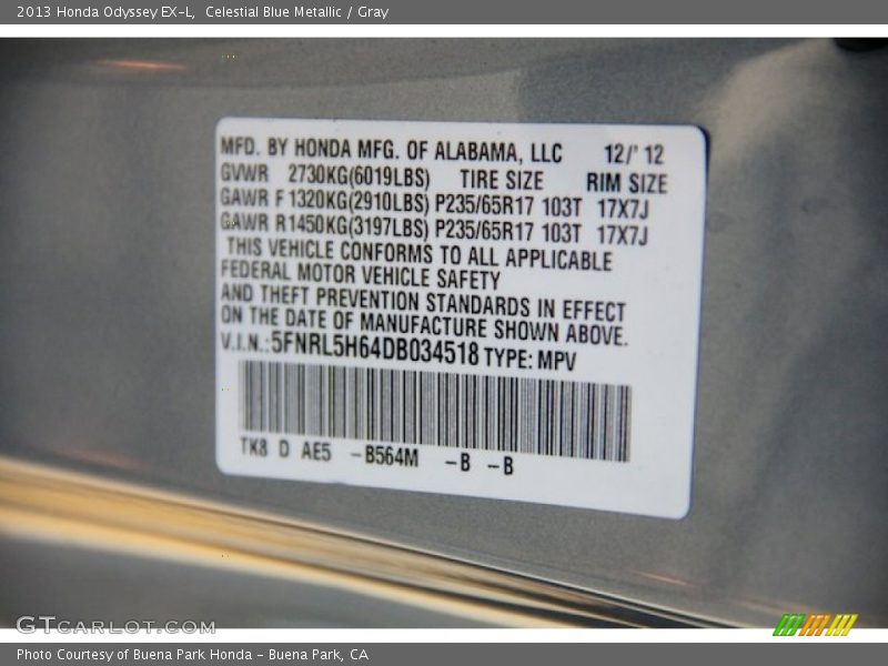 Celestial Blue Metallic / Gray 2013 Honda Odyssey EX-L