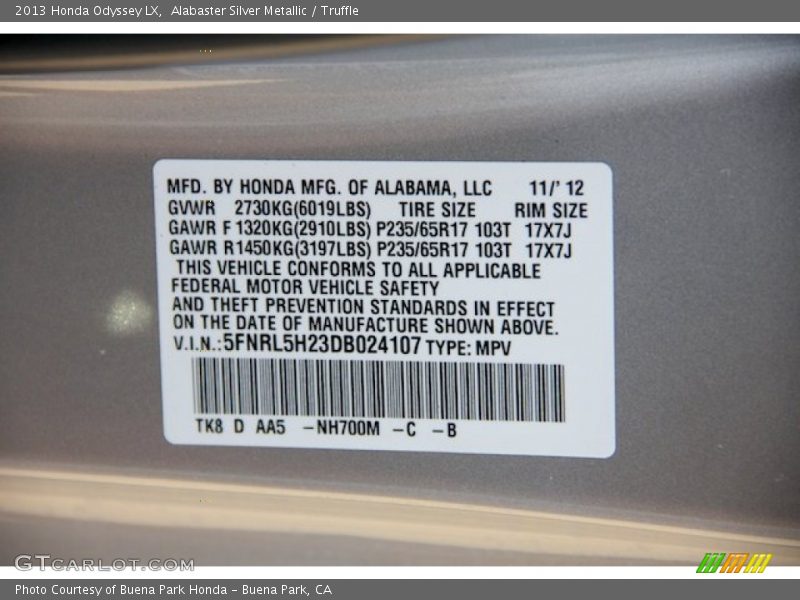 Alabaster Silver Metallic / Truffle 2013 Honda Odyssey LX