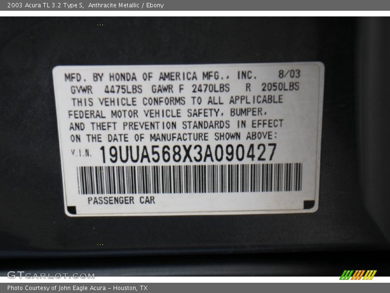 Anthracite Metallic / Ebony 2003 Acura TL 3.2 Type S