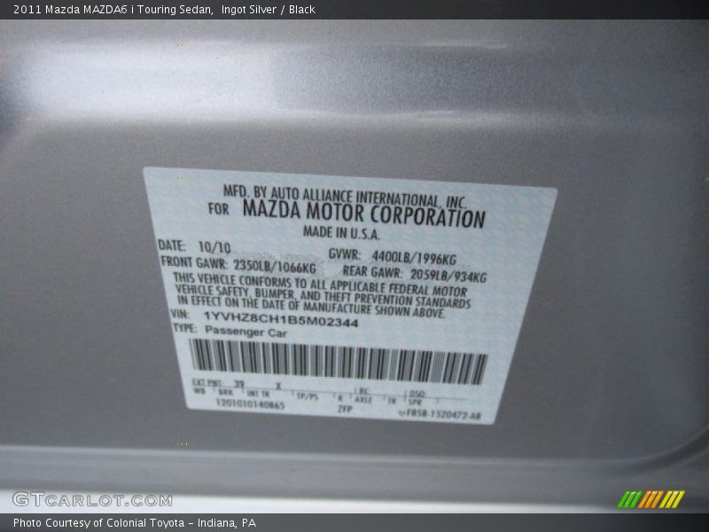 Ingot Silver / Black 2011 Mazda MAZDA6 i Touring Sedan