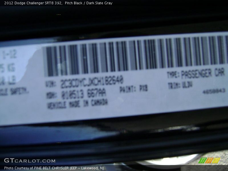 Pitch Black / Dark Slate Gray 2012 Dodge Challenger SRT8 392