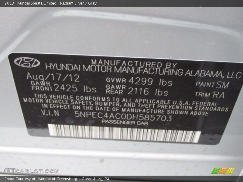 Radiant Silver / Gray 2013 Hyundai Sonata Limited