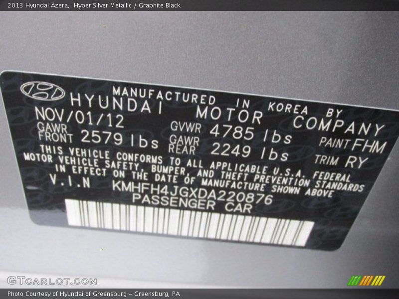 Hyper Silver Metallic / Graphite Black 2013 Hyundai Azera