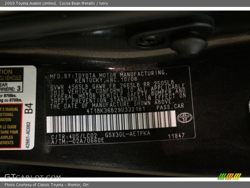 Cocoa Bean Metallic / Ivory 2009 Toyota Avalon Limited