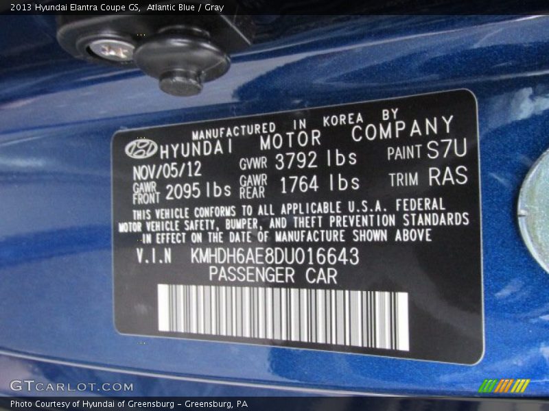 Atlantic Blue / Gray 2013 Hyundai Elantra Coupe GS
