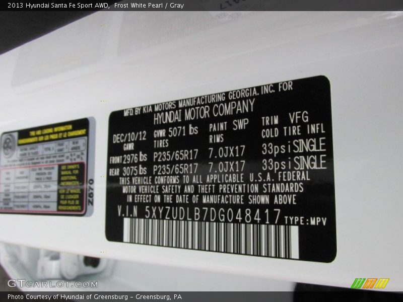 Frost White Pearl / Gray 2013 Hyundai Santa Fe Sport AWD