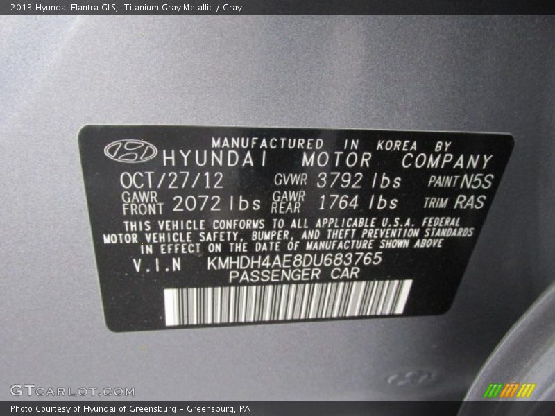 Titanium Gray Metallic / Gray 2013 Hyundai Elantra GLS
