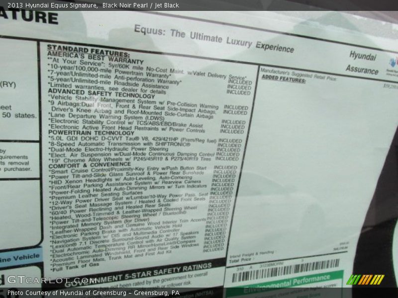 Info Tag of 2013 Equus Signature