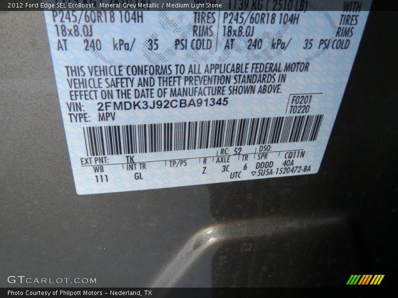 Mineral Grey Metallic / Medium Light Stone 2012 Ford Edge SEL EcoBoost