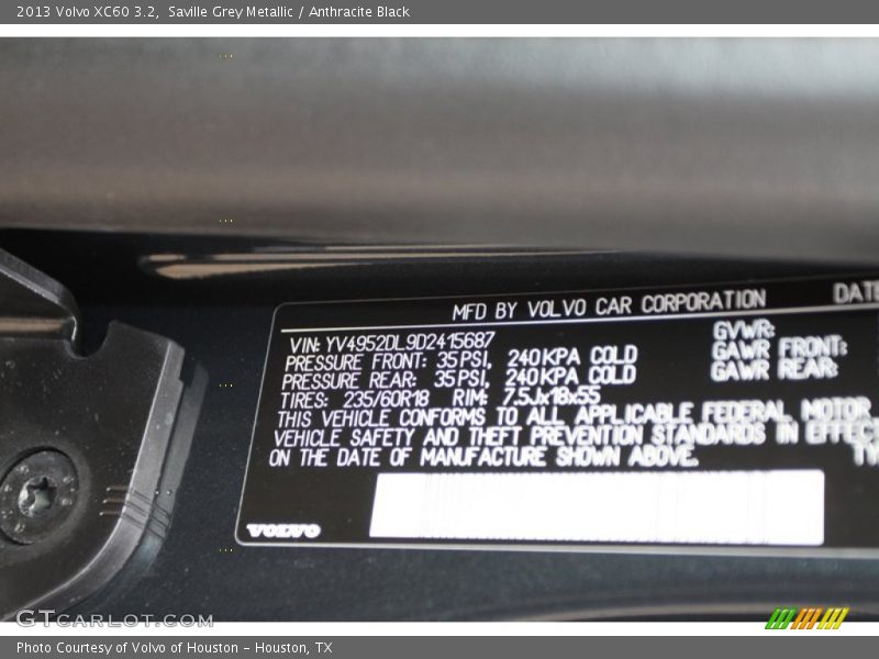Saville Grey Metallic / Anthracite Black 2013 Volvo XC60 3.2