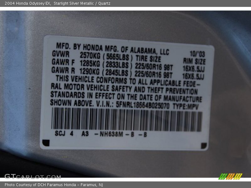 Starlight Silver Metallic / Quartz 2004 Honda Odyssey EX