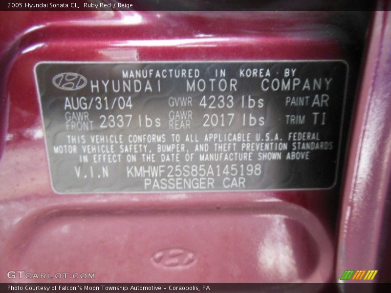 Ruby Red / Beige 2005 Hyundai Sonata GL