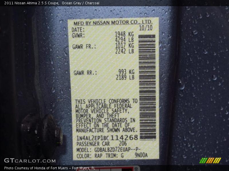 Ocean Gray / Charcoal 2011 Nissan Altima 2.5 S Coupe