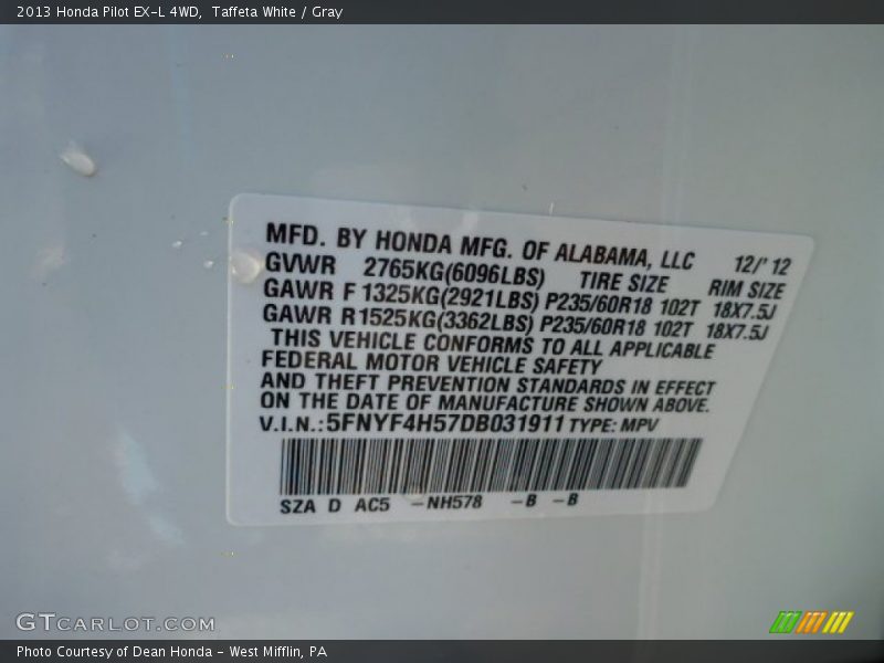 Taffeta White / Gray 2013 Honda Pilot EX-L 4WD