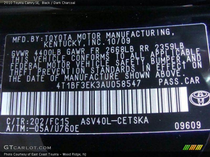Black / Dark Charcoal 2010 Toyota Camry SE