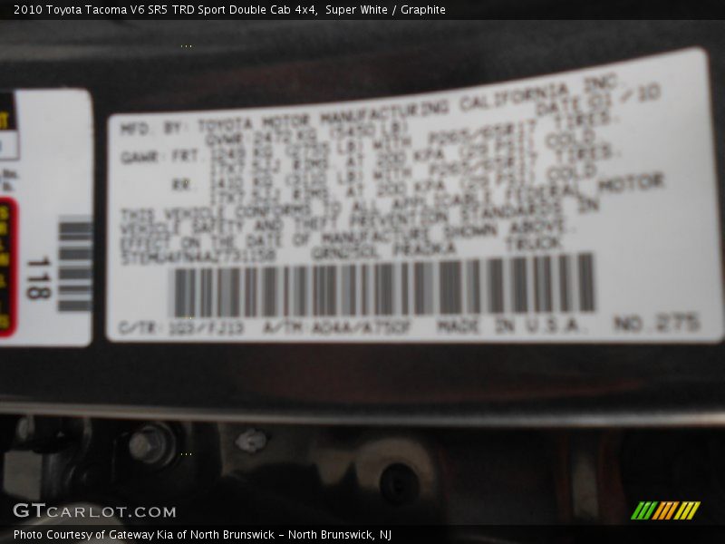 Super White / Graphite 2010 Toyota Tacoma V6 SR5 TRD Sport Double Cab 4x4