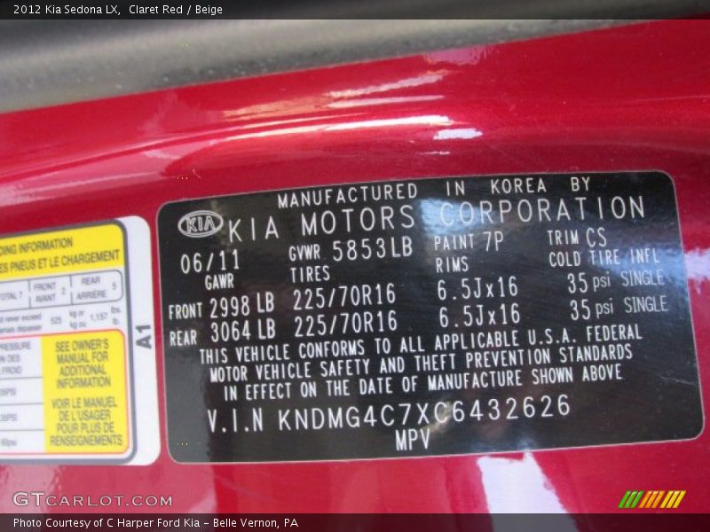 Claret Red / Beige 2012 Kia Sedona LX