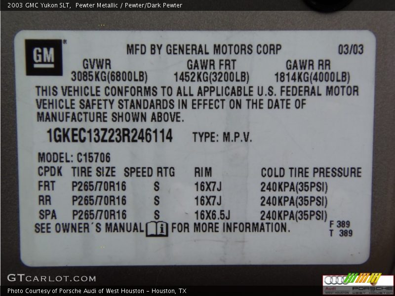 Pewter Metallic / Pewter/Dark Pewter 2003 GMC Yukon SLT