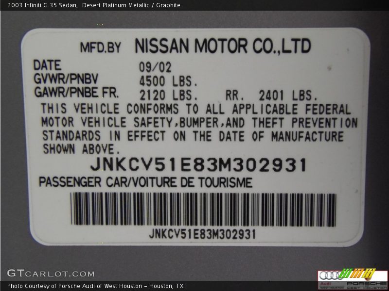 Desert Platinum Metallic / Graphite 2003 Infiniti G 35 Sedan