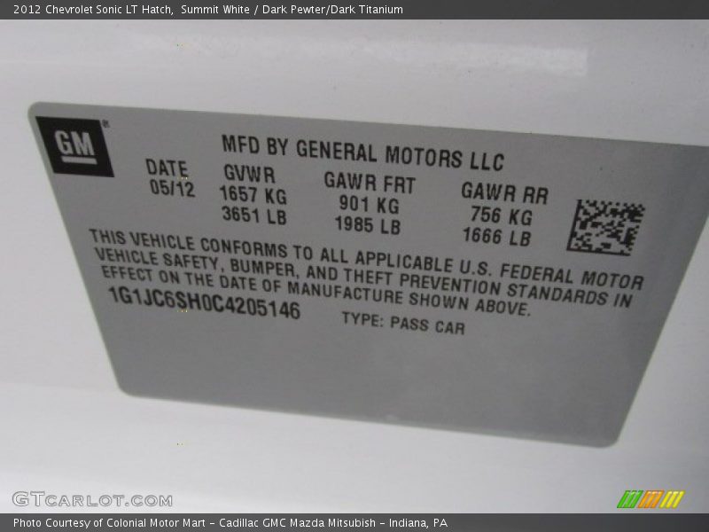 Summit White / Dark Pewter/Dark Titanium 2012 Chevrolet Sonic LT Hatch