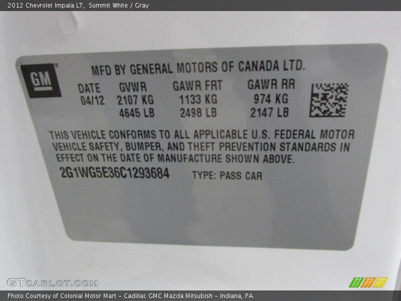 Summit White / Gray 2012 Chevrolet Impala LT