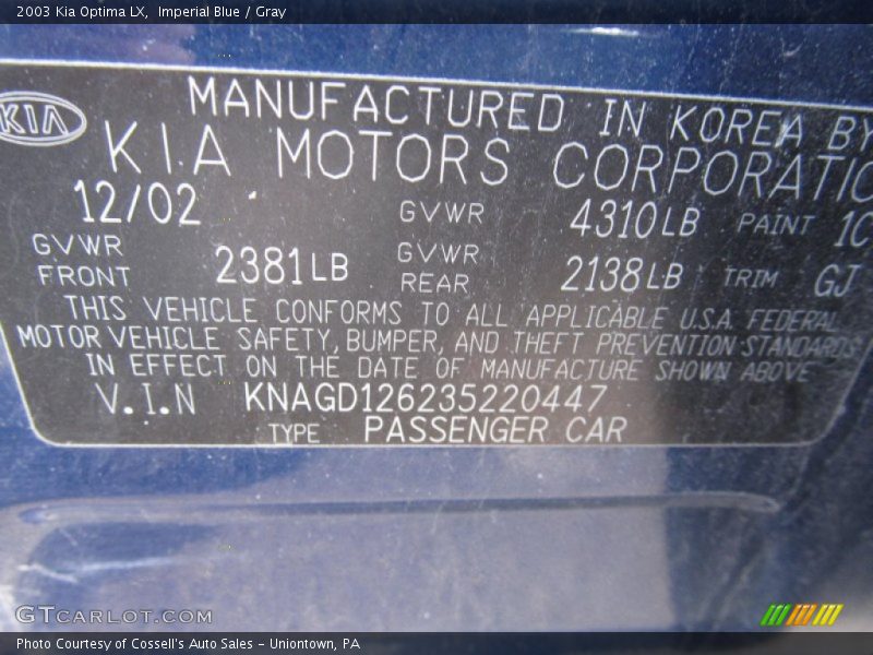 Imperial Blue / Gray 2003 Kia Optima LX