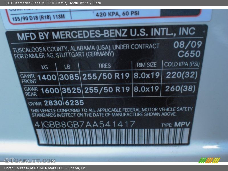2010 ML 350 4Matic Arctic White Color Code 650