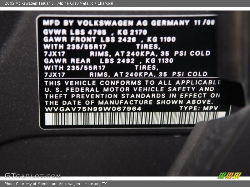 Alpine Grey Metallic / Charcoal 2009 Volkswagen Tiguan S