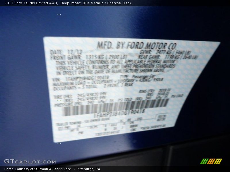 Deep Impact Blue Metallic / Charcoal Black 2013 Ford Taurus Limited AWD