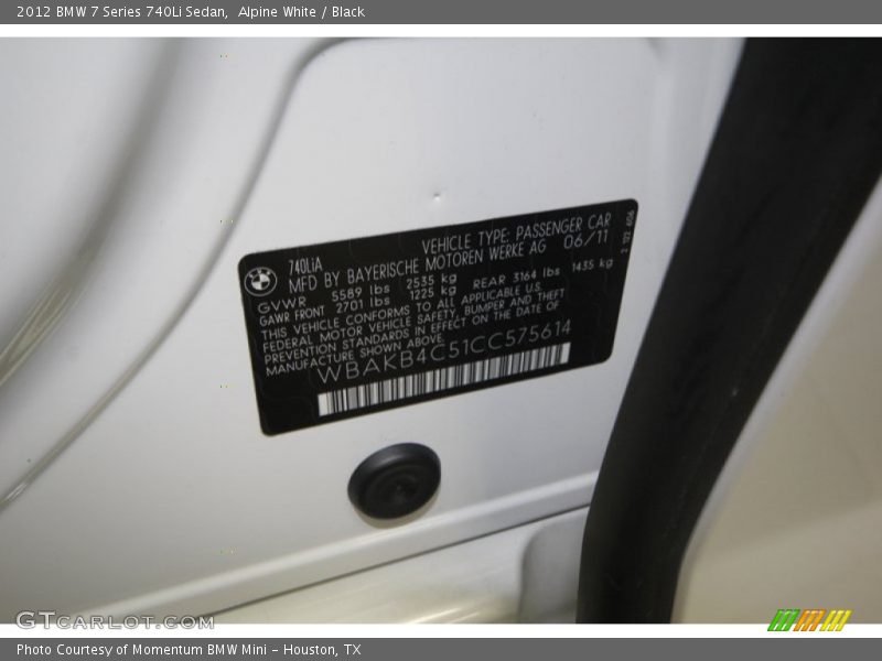 Alpine White / Black 2012 BMW 7 Series 740Li Sedan
