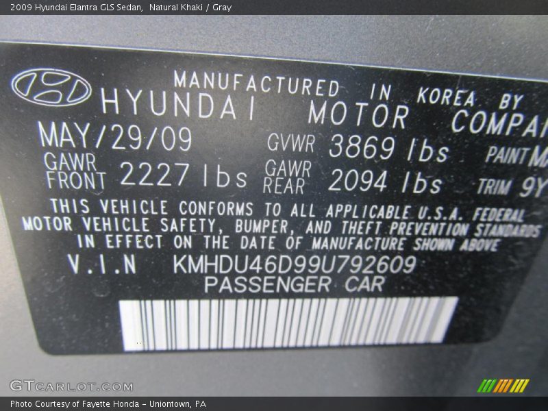 Natural Khaki / Gray 2009 Hyundai Elantra GLS Sedan