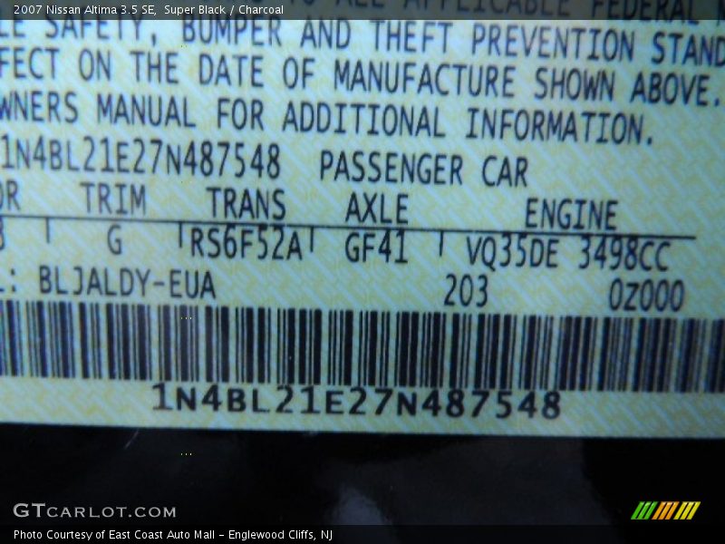 Super Black / Charcoal 2007 Nissan Altima 3.5 SE