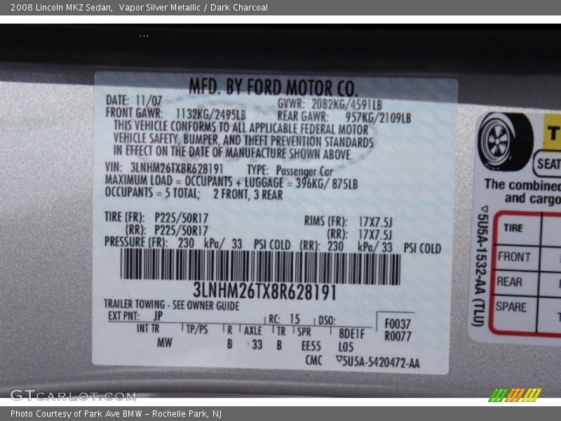 Vapor Silver Metallic / Dark Charcoal 2008 Lincoln MKZ Sedan