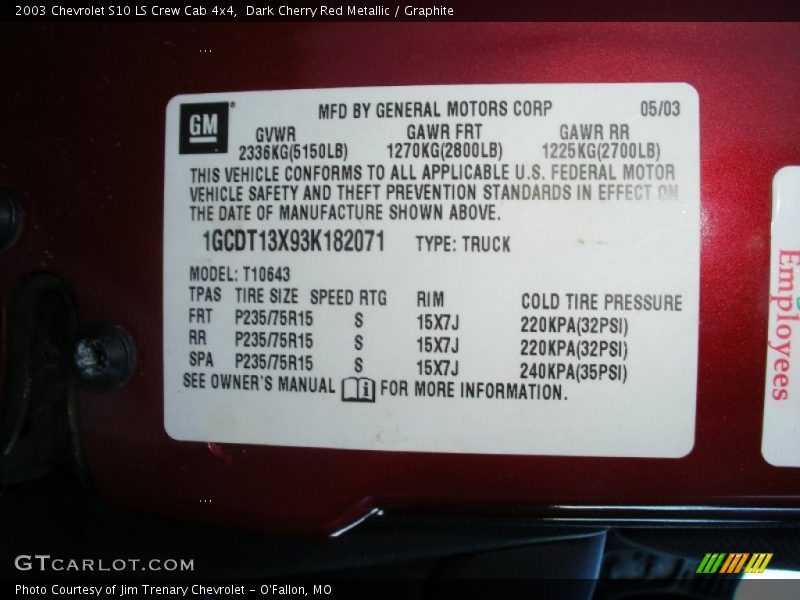 Dark Cherry Red Metallic / Graphite 2003 Chevrolet S10 LS Crew Cab 4x4