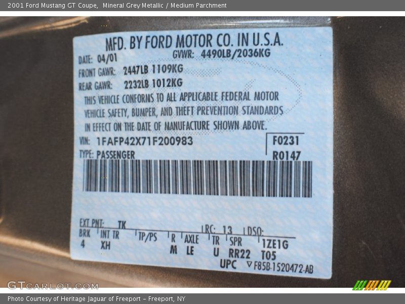 Mineral Grey Metallic / Medium Parchment 2001 Ford Mustang GT Coupe