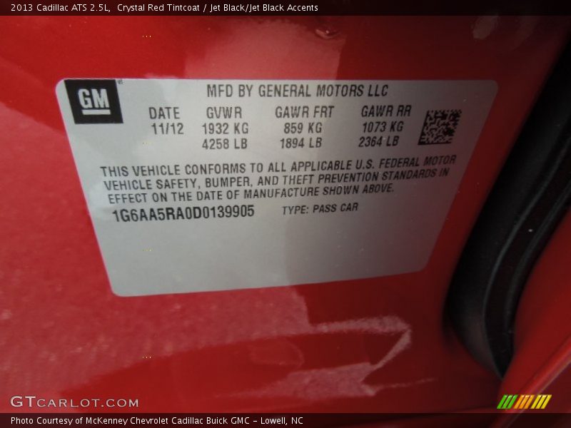 Crystal Red Tintcoat / Jet Black/Jet Black Accents 2013 Cadillac ATS 2.5L