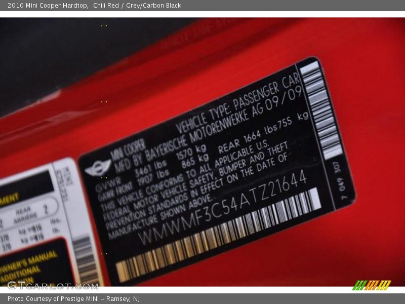 Chili Red / Grey/Carbon Black 2010 Mini Cooper Hardtop