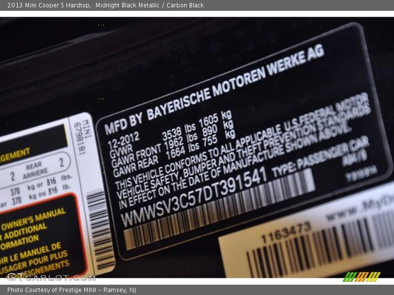 Midnight Black Metallic / Carbon Black 2013 Mini Cooper S Hardtop