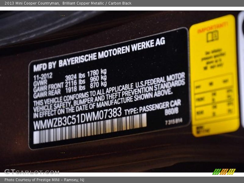 2013 Cooper Countryman Brilliant Copper Metallic Color Code B60