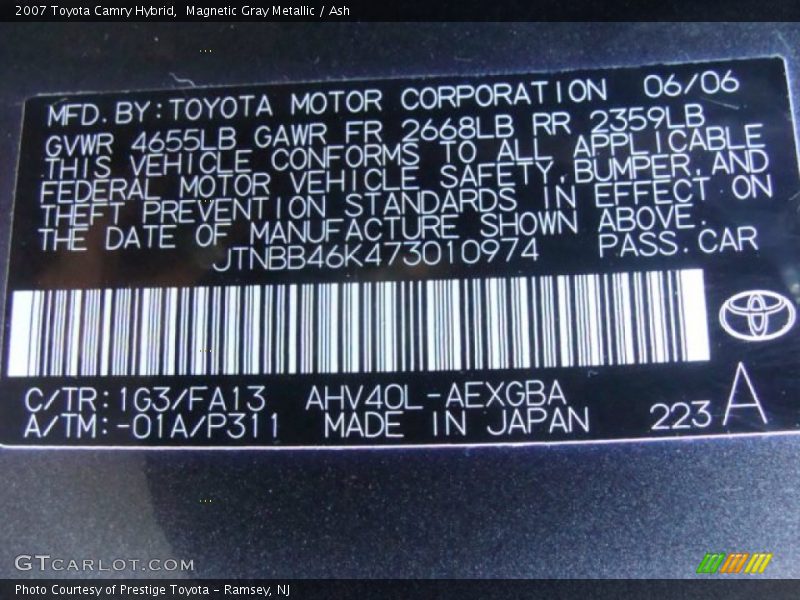 Magnetic Gray Metallic / Ash 2007 Toyota Camry Hybrid